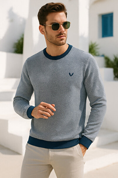 Rich Чоловічий синій светр з квадратним візерунком і велосипедним коміром