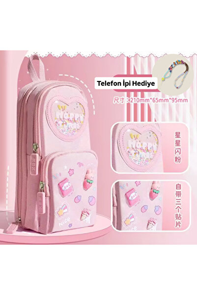 synshop Kawai Sırt Çantası Görünümlü 3DSticker Simli Pembe Renk Kore Çok Bölmeli Büyük Kalemlik Kalem Kutu