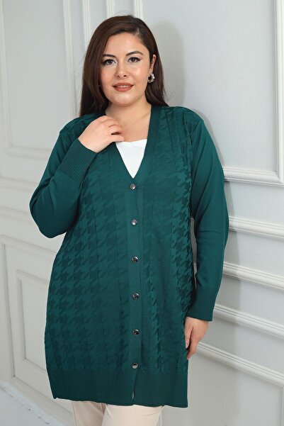 By Saygı Women's Large Houndstooth Pattern Cold Yarn Plus Size Long Cardigan