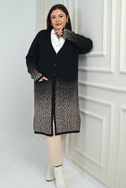 By Saygı Women's Pocketed Leopard Print Plus Size Knitwear Long Cardigan