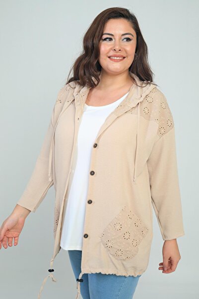 LipLipo Women's Hooded Button Front Pocket Scalloped Plus Size Cardigan