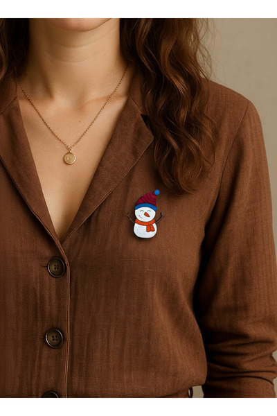 gokmentoy Sevimli Kardan Adam Yılbaşı Noel Temalı Ahşap El Boyaması Broş