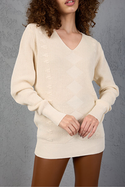 Moda Days Women's Ecru Glitter Thessaloniki Knitwear Diamond Pattern Wide Cuff V-Neck Knitwear Sweater