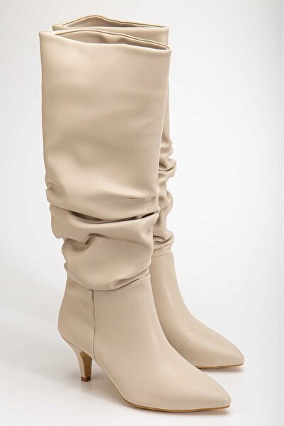 Dubais Shoes Cizme de damă din piele bej cu toc de 7 cm și vârf ascuțit, eleg...