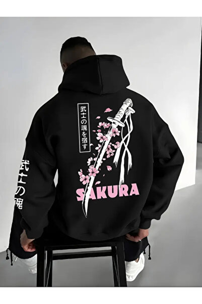 AEMİ سويت شيرت بقلنسوة مطبوع عليه سيف الساموراي للجنسين مصنوع من القطن بنسبة ...