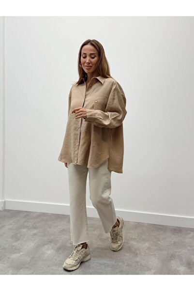 Maldia Shop Women's Slit Oversize Beige Shirt