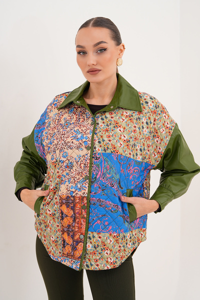 Cebby Yeşil Deri Detaylı Twist Model Ceket