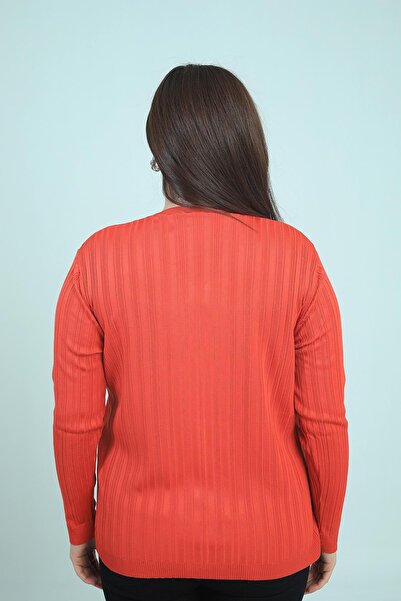 By Saygı Women's V-Neck Front Stripe Stone Printed Ribbed Plus Size Cold Yarn Knitwear Blouse