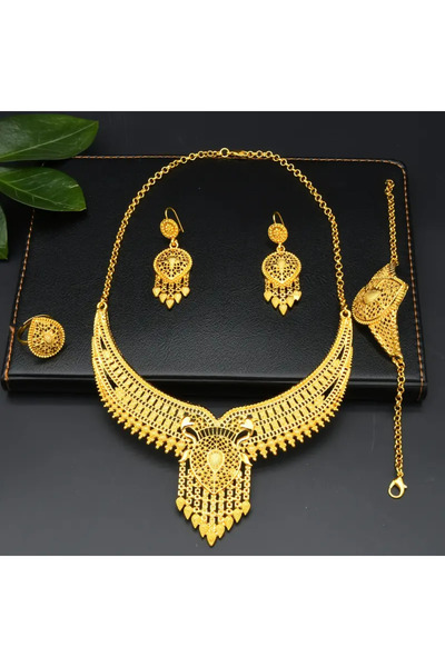 İnci Mercan Bujiteri 1 Kolye + 1 Bileklik + 1 Çift Küpe + 1 Yüzük Altın Tonlu Su Damlası Tasarımlı Takı Seti