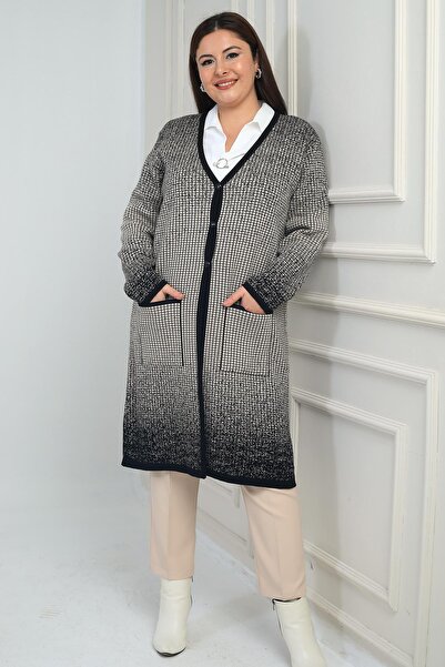 By Saygı Women's Karyağdı Checkered Pocketed Plus Size Knitwear Long Cardigan