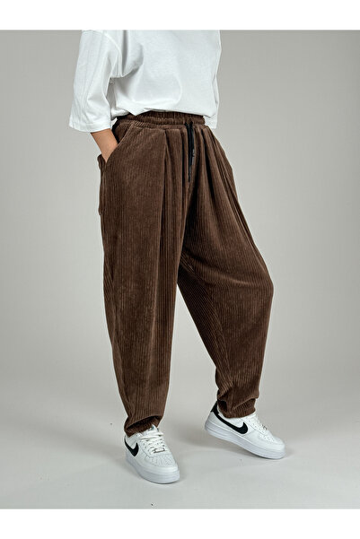 COCOPELLI Γυναικείο καφέ βελούδινο πλισέ παντελόνι Jogger COC1087