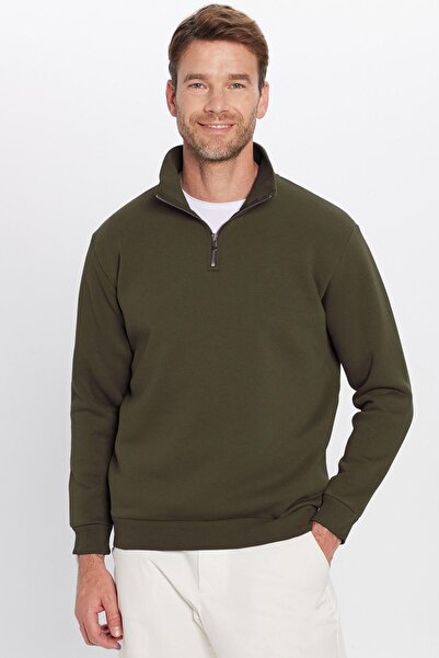 Tudors Unisex Relax Fit Rahat Kesim Pamuklu İçi Polarlı Yarım Fermuarlı Haki Dik Yaka Sweatshirt