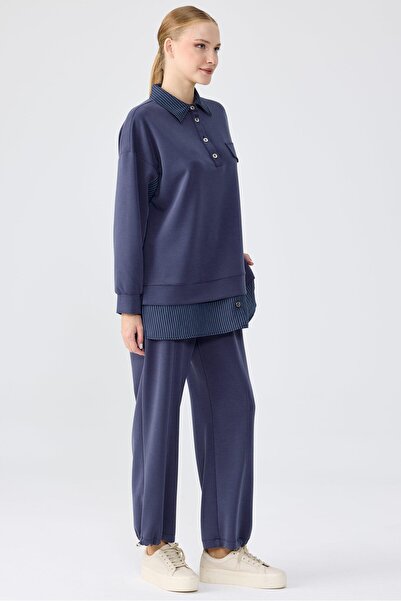 Tığ Triko Çizgili Kombinli Sweat Tunik Pantolon Takım LACİVERT