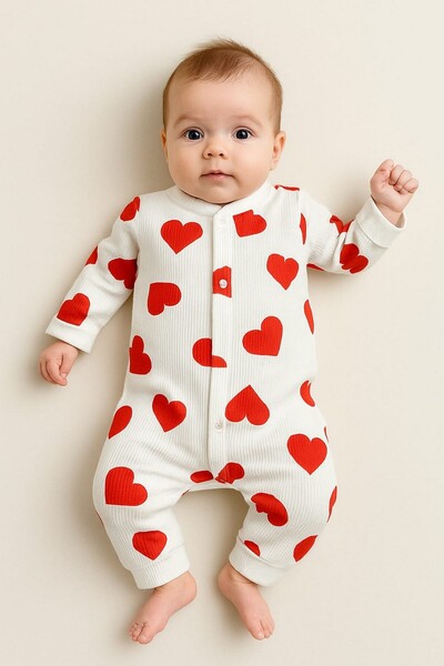dinamik çocuk Baby Rompers Set of 2-(2Pcs Rompers) Ecru Cherry and Red Heart Printed Rompers Set 100% Cotton 1-3-6 Months