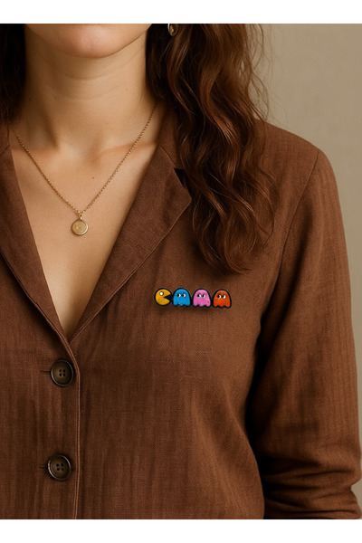 gokmentoy Pacman Gamer Ahşap El Boyaması Broş