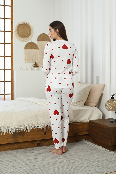 LİLA İÇ GİYİM Set de pijamale albe cu mâneci lungi cu detalii acoperite cu roșu Pegasus