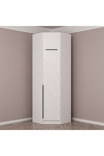 Minar Kale 1 Kapaklı Köşe Dolap Beyaz Mebran Çizgili + Yüklük 255CM