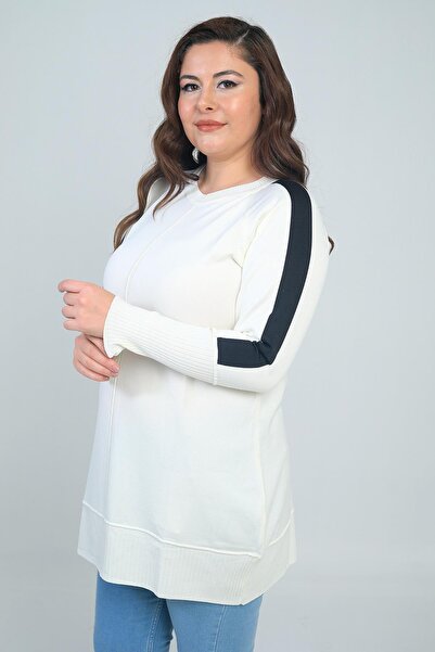 By Saygı Women's Plus Size Tunic Blouse with Striped Sleeves