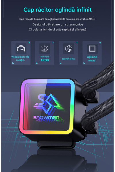 Snowman Cooler procesor 360mm cu sistem de racire cu apa, leduri controlate ARGB.