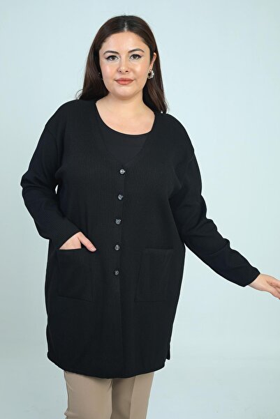 By Saygı Women's Plus Size Lycra Pocket Ribbed Knit Cardigan