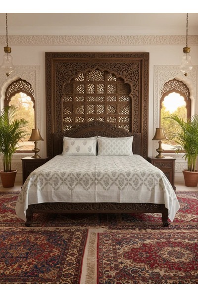 SARAS LABEL Heritage Block Print 100% Cotton Percale Bedsheet with 2 Pillowcases