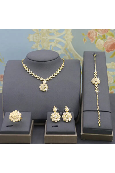 İnci Mercan Bujiteri 5 adet Altın Görünümlü Zirkon Taşlı Kadın Klasik Moda Takı Seti