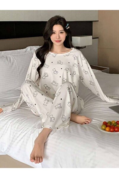 CSR HOMEWEAR Women's Long Sleeve Supremsoft Combed Cotton Pajama Set Ecru with Little Bear Printed Pony