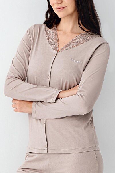 Pierre Cardin Women's lace detailed buttoned pajama set, 50% modal 50% cotton