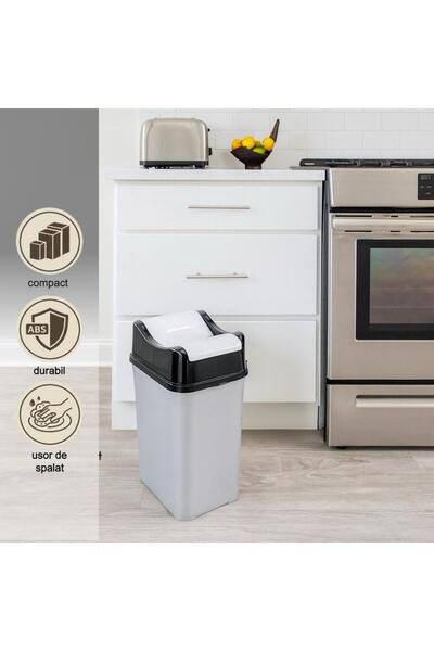 Köken 10L trash can, with hinged lid, kitchen, bathroom, office trash can, compact, Plastic, Black-Gray