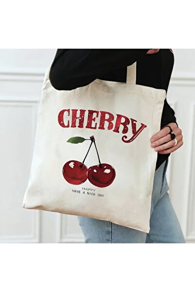 pandy Cherry Baskılı Bez Omuz Çantası - Kadın Alışveriş Çantası