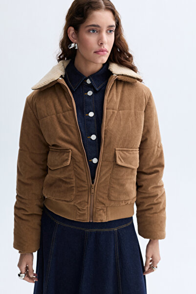 Mudo Fur Collar Velvet Textured Coat Jacket