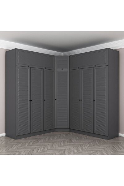 Minar Kale 7 Kapaklı 4 Çekmeceli Köşe Dolap + Yüklük Antrasit Mebran Panjur 2...