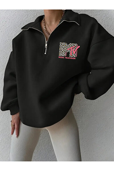 AEMİ Unisex Printed Half-Zip Oversize Sweatshirt