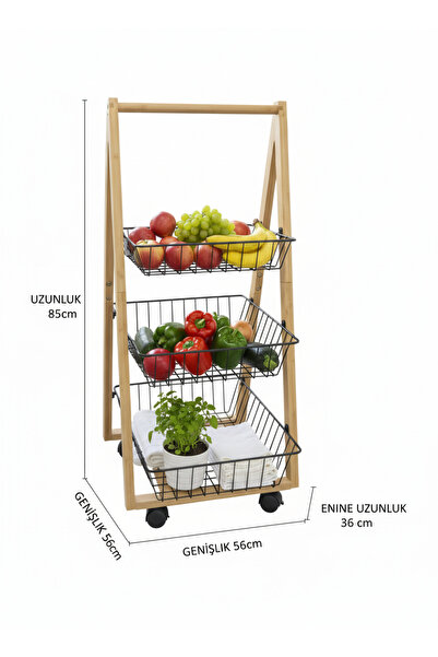 Yıldıray Metal Bambu Tekerlekli Metal Sepetli sebzelik
