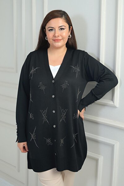 By Saygı Women's Sleeves Button Detailed Studded Plus Size Long Cardigan