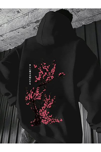 AEMİ Hanorac oversize unisex cu glugă, 100% bumbac, cu imprimeu cu flori de c...