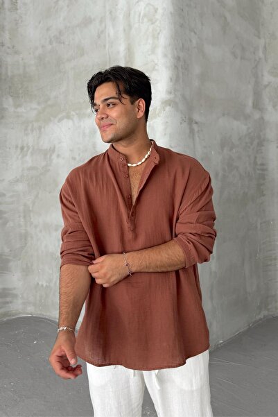 NUSHİ Kahve Müslin Kumaş Hakim Yaka Tişört