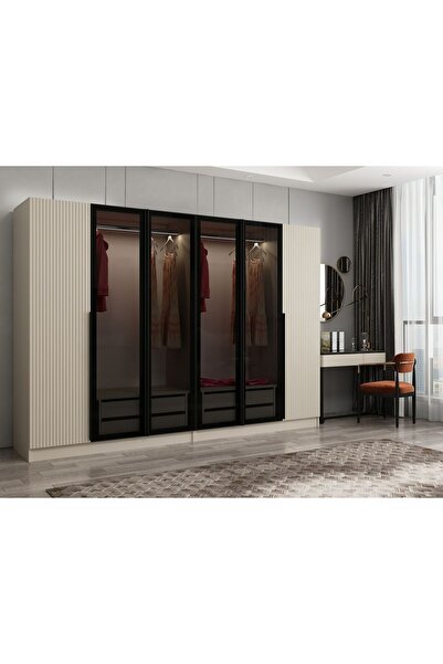 Minar Kale Plus 6 Mebran Kapaklı 4 Çekmeceli Dolap Kumtaşı Mebran Füme Cam 190CM