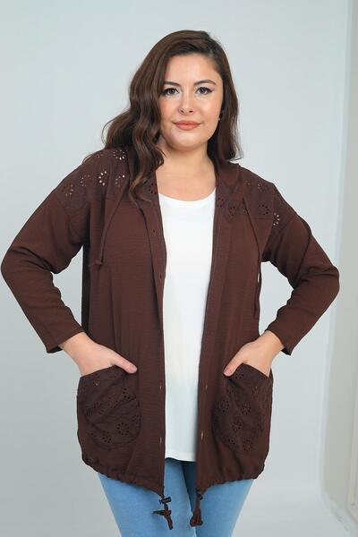 By Saygı Γυναικεία ζακέτα με κουκούλα με κουμπιά μπροστά και τσέπες με στρίφωμα μεγάλου μεγέθους