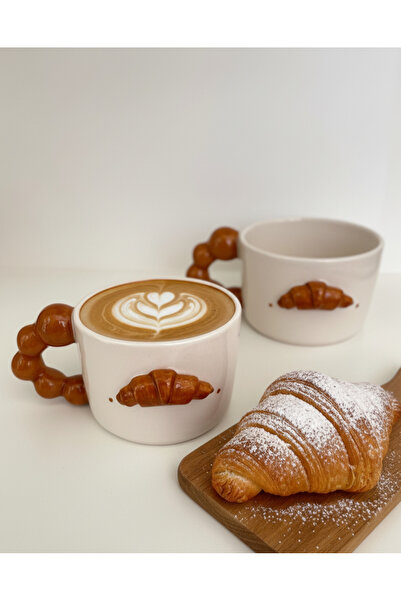 woness studio Handmade Wide Ceramic Mug with Croissants