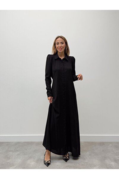 Maldia Shop Women's Sleeve Zippered Buttoned Maxi Black Dress