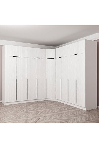 Minar Kaleplus 9 Kapaklı 4 Çekmeceli Köşe Dolap + Yüklük Beyaz Mebran Beyaz Çizgili 255CM