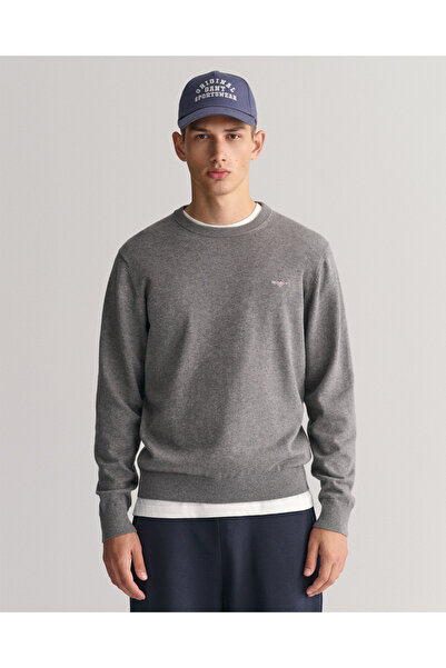 Gant سترة رجالية من القطن باللون الرمادي ذات قصة عادية وياقة دائرية