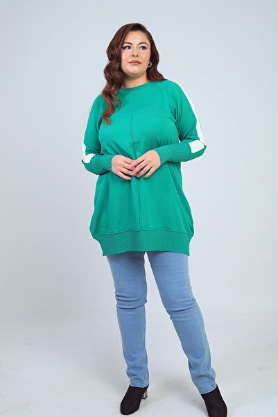 By Saygı Women's Plus Size Tunic Blouse with Striped Sleeves