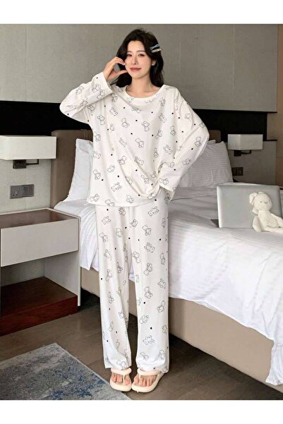 CSR HOMEWEAR Women's Long Sleeve Supremsoft Combed Cotton Pajama Set Ecru with Little Bear Printed Pony