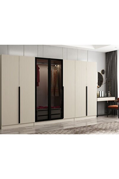 Minar Kale Plus 7 Mebran Kapaklı 2 Çekmeceli Dolap Kumtaşı Mebran Füme Cam 190CM