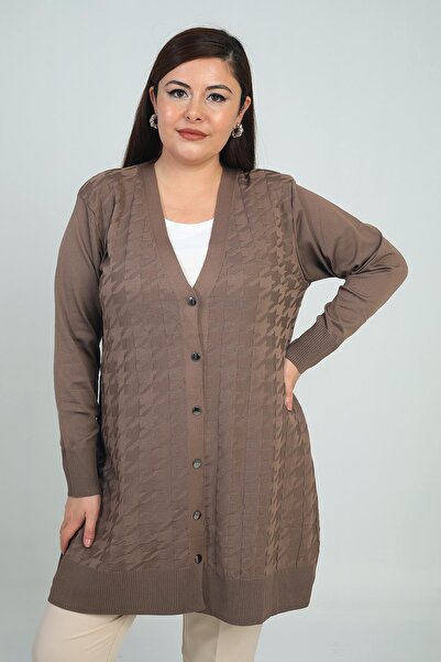 By Saygı Women's Large Houndstooth Pattern Cold Yarn Plus Size Long Cardigan