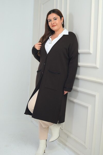 By Saygı Γυναικείες τσέπες ριγέ Μεγάλο μέγεθος Μακρύ πλεκτό ζακέτα