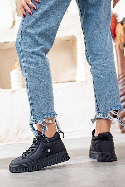 Adım Adım Women's Soft Casual Black Shoes with Fur Inside