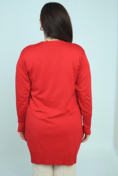 By Saygı Women's Sleeves Button Detailed Cold Thread Plus Size Long Cardigan